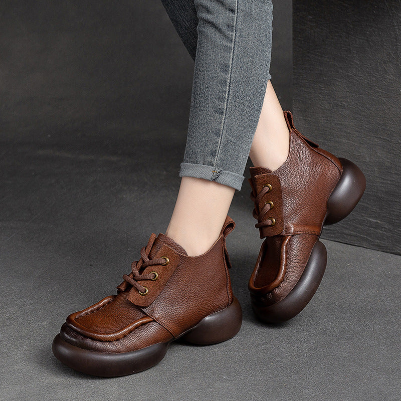 Women Retro Casual Leather Chunky Soled Ankle Boots-RAIIFY