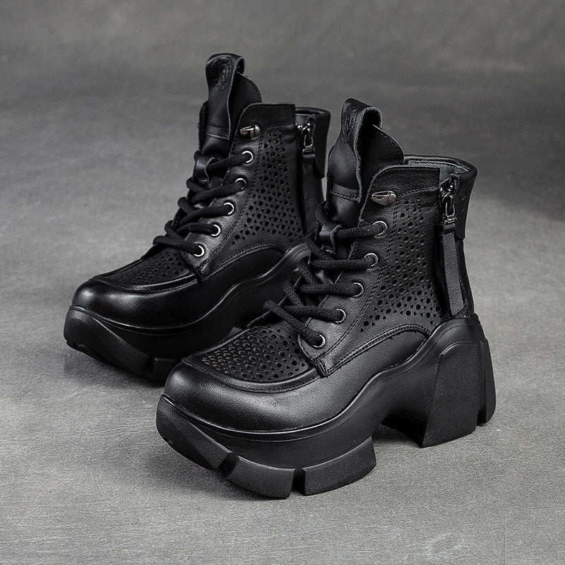 Women Summer Hollow Leather Chunky Platform Boots-RAIIFY