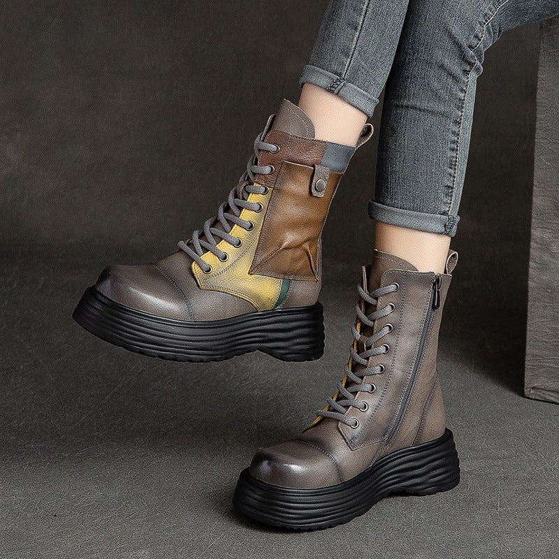 Women Retro Patchwork Leather Platform Combat Boots-RAIIFY