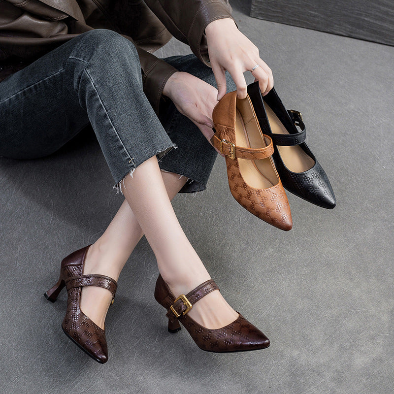 Women Leather Pointed Toe High Heel Pumps Dress Shoes-RAIIFY