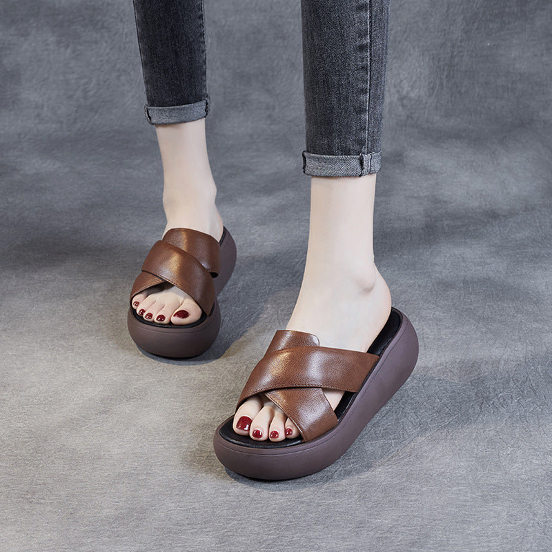 Women Leather Summer Casual Platform Slide Sandals-RAIIFY