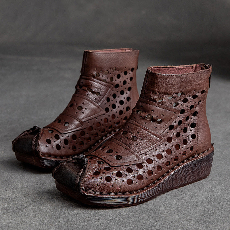 Women Summer Hollow Leather Low Wedge Boots-RAIIFY