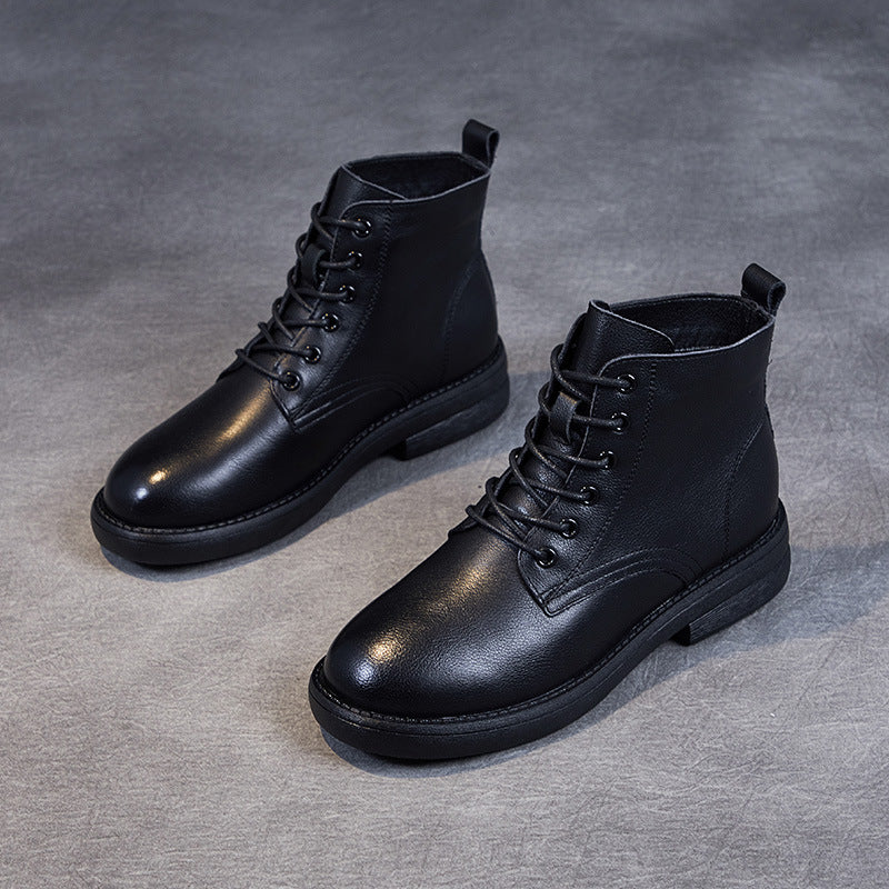 Women Solid Casual Leather Flat Boots-RAIIFY