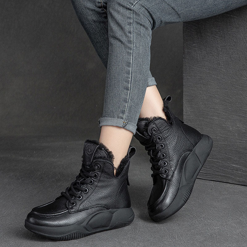 Women Casual Leather Woolen Snow Boots-RAIIFY