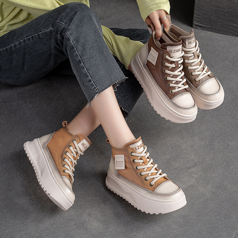 Women Fashion Leather Thick Soled High Top Skate Shoes-RAIIFY
