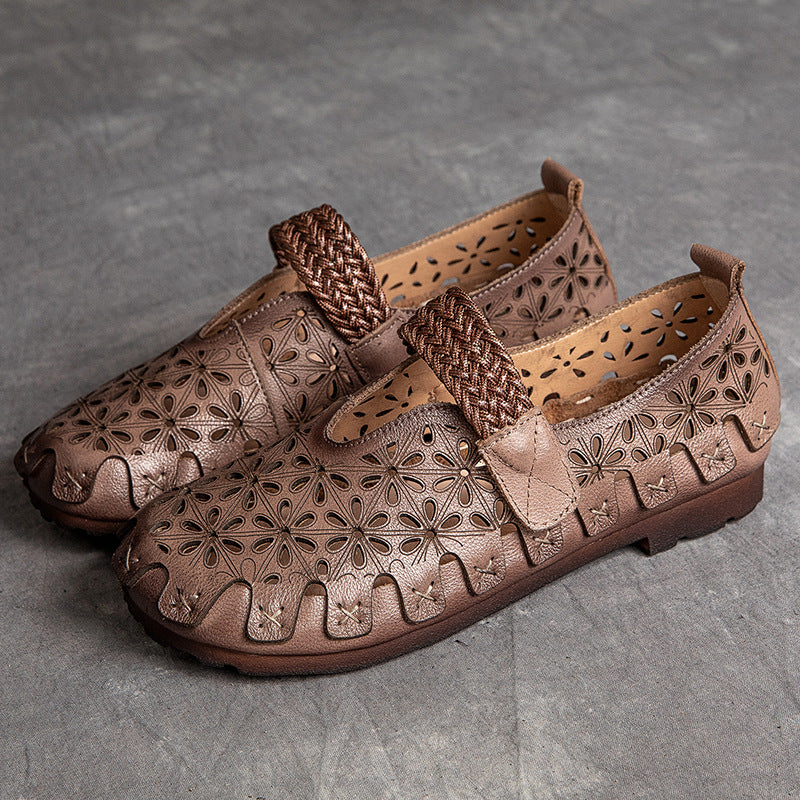 Women Summer Retro Soft Hollow Leather Flats-RAIIFY