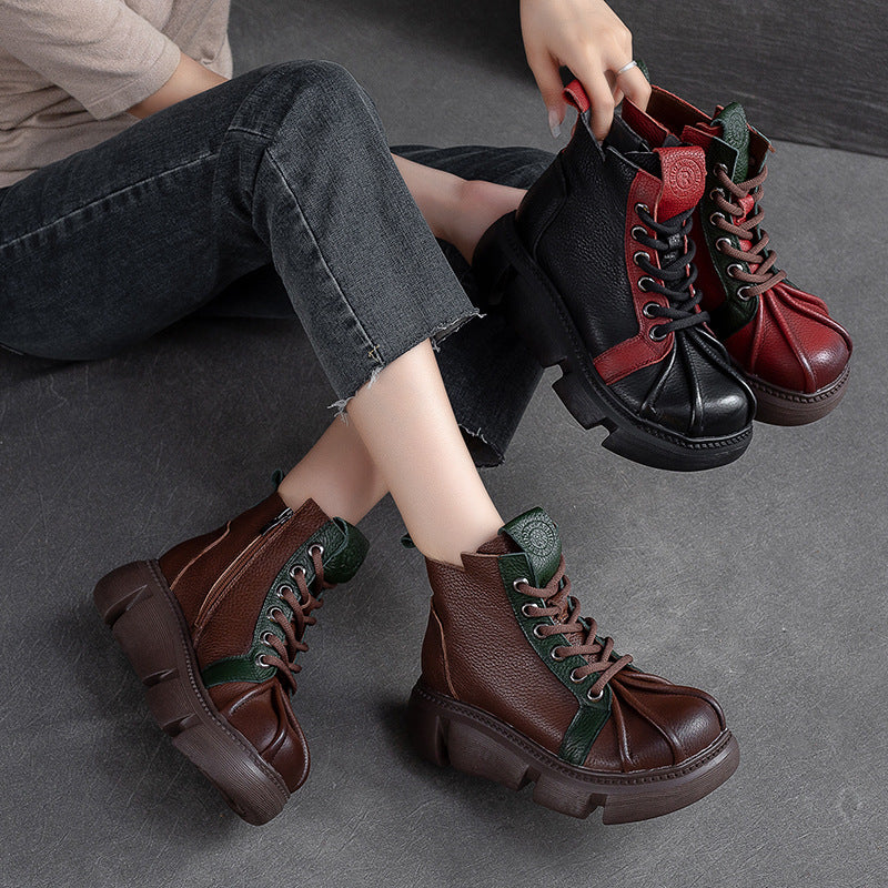 Women Retro Patchwork Leather Casual Ankle Boots-RAIIFY