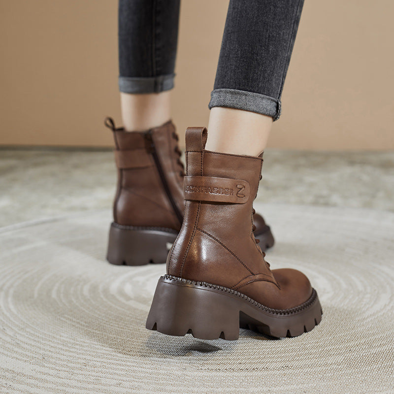 Women Retro Soft Leather Chunky Heel Boots-RAIIFY