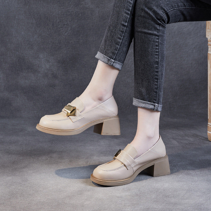 Women Cowhide Metal Patchwork Chunky Heel Loafers-RAIIFY