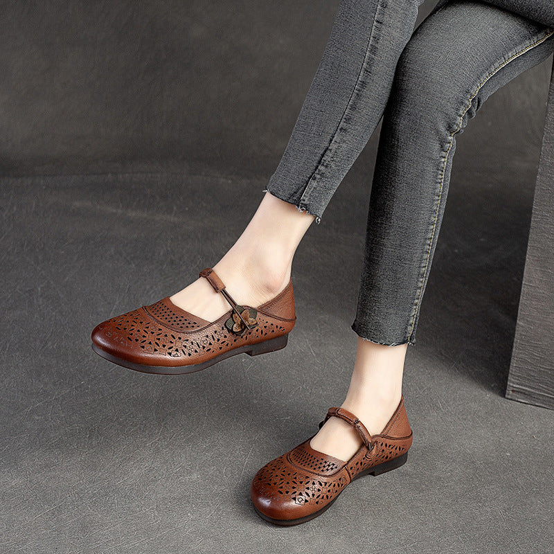 Women Summer Hollow Soft Leather Flats-RAIIFY