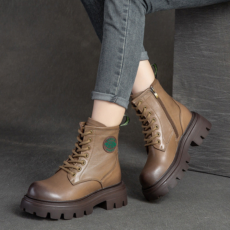 Women Casual Fashion Thick Soled Leather Boots-RAIIFY