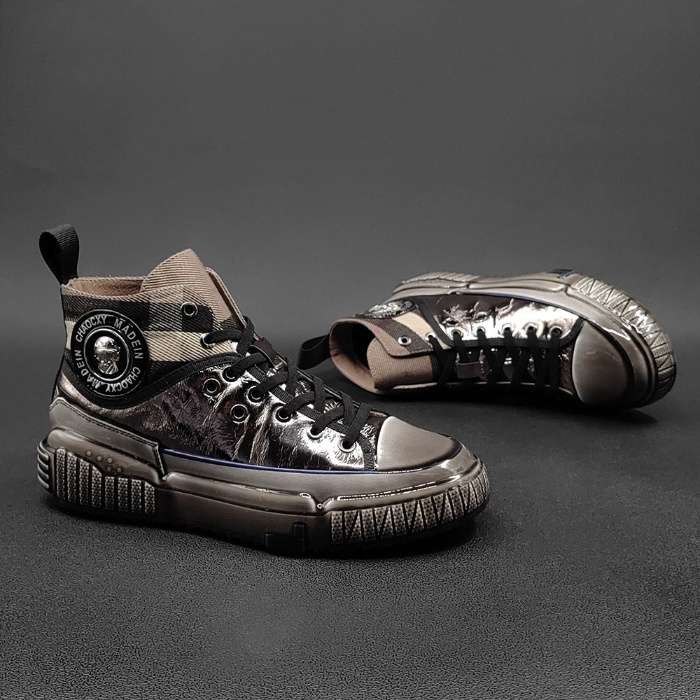Men Stylish Glossy Leather Patchwork High Top Casual Shoes-RAIIFY