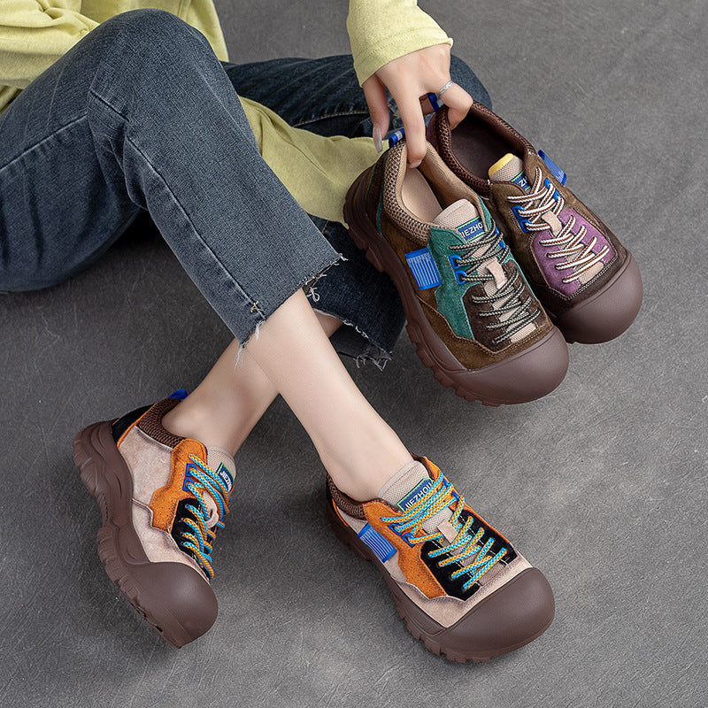 Women Color Matching Leather Thick Soled Casual Shoes-RAIIFY