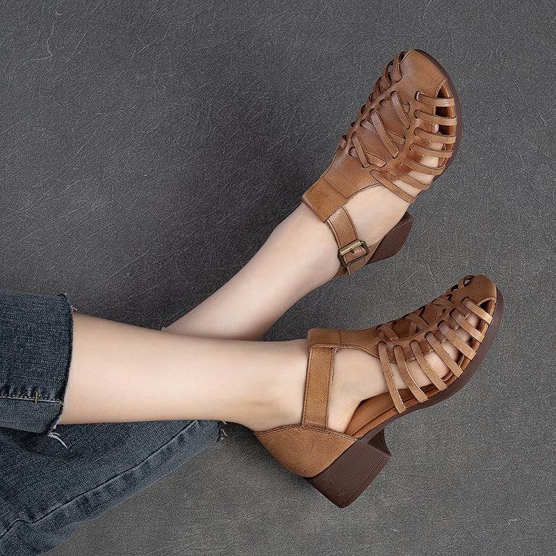 Women Summer Retro Handcraft Plaited Leather Sandals-RAIIFY