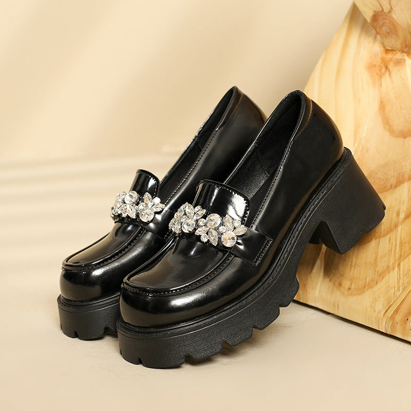 Women Casual Leather Crystal Chunky Heel Loafers-RAIIFY