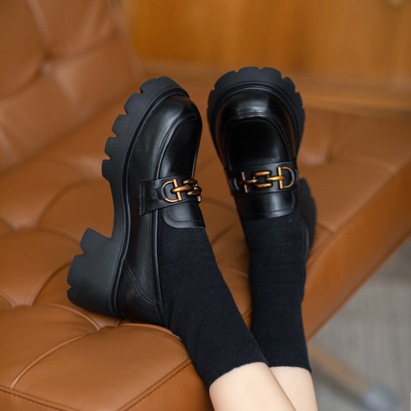 Women Retro Chain Leather Chunky Platform Loafers-RAIIFY