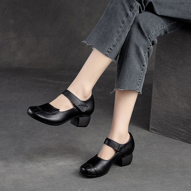 Women Retro Leather Velcro Chunky Heels Pumps-RAIIFY