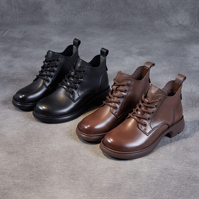 Women Solid Patchwork Leather Lug Sole Boots-RAIIFY