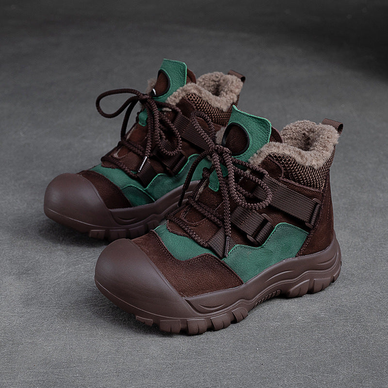 Women Retro Patchwork Leather Winter Furred Ankle Boots-RAIIFY