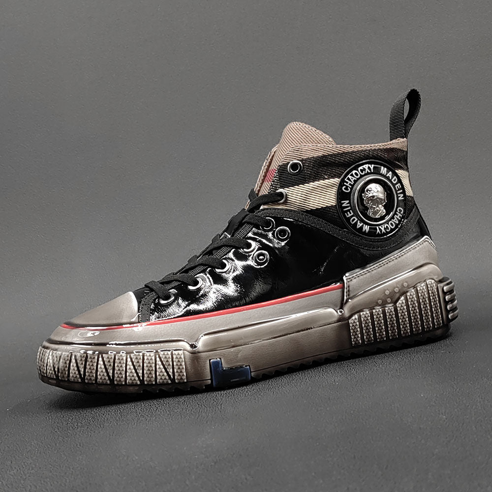 Men Stylish Glossy Leather Patchwork High Top Casual Shoes-RAIIFY