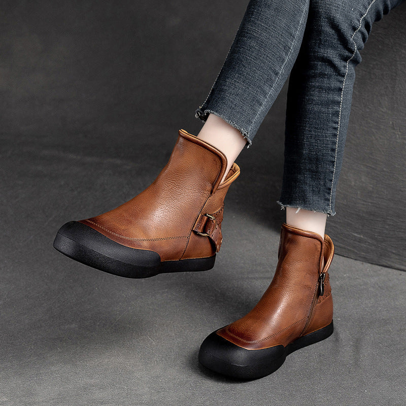 Women Retro Minimalist Leather Flat Casual Ankle Boots-RAIIFY