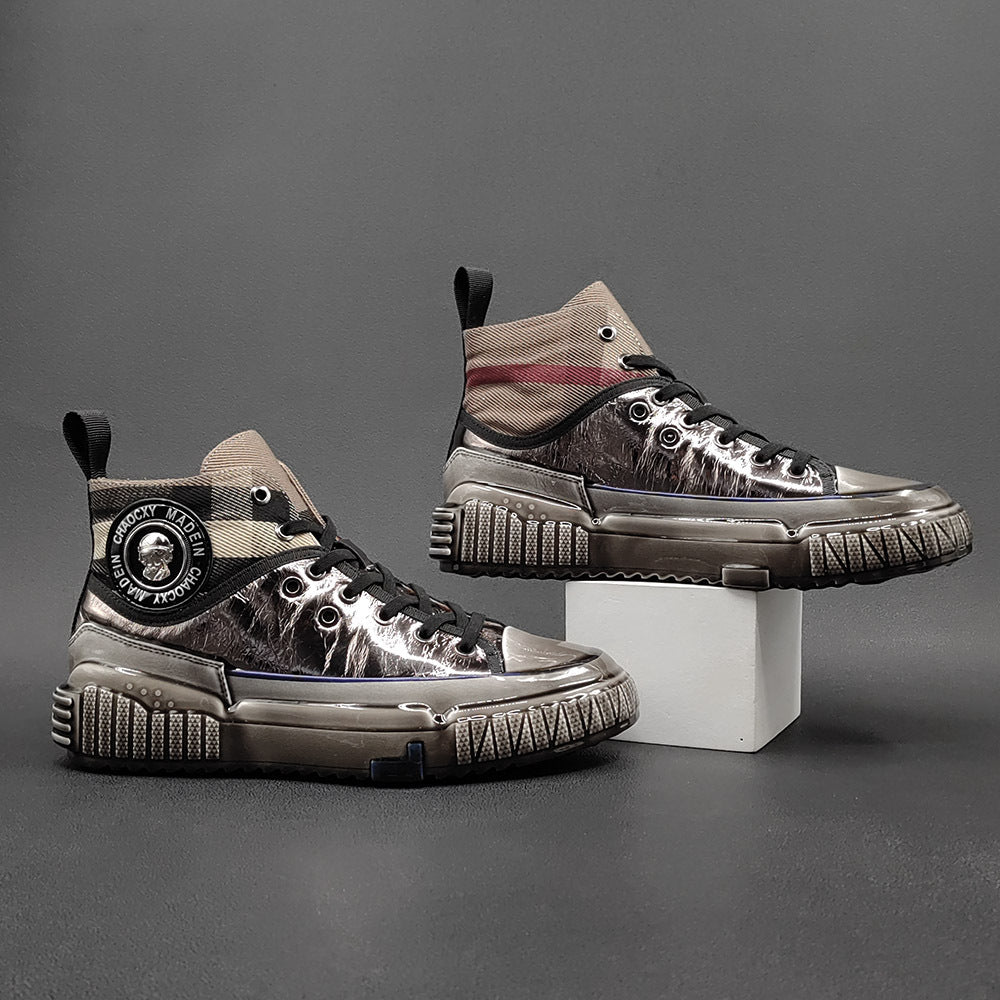 Men Stylish Glossy Leather Patchwork High Top Casual Shoes-RAIIFY