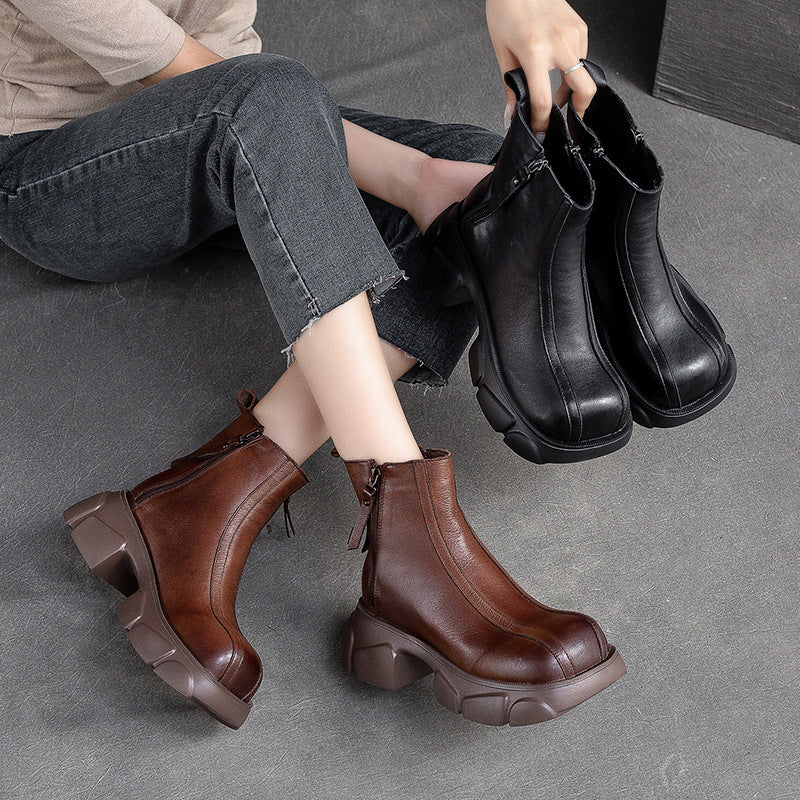 Women Retro Minimalist Casual Leather Chunky Heel Boots-RAIIFY