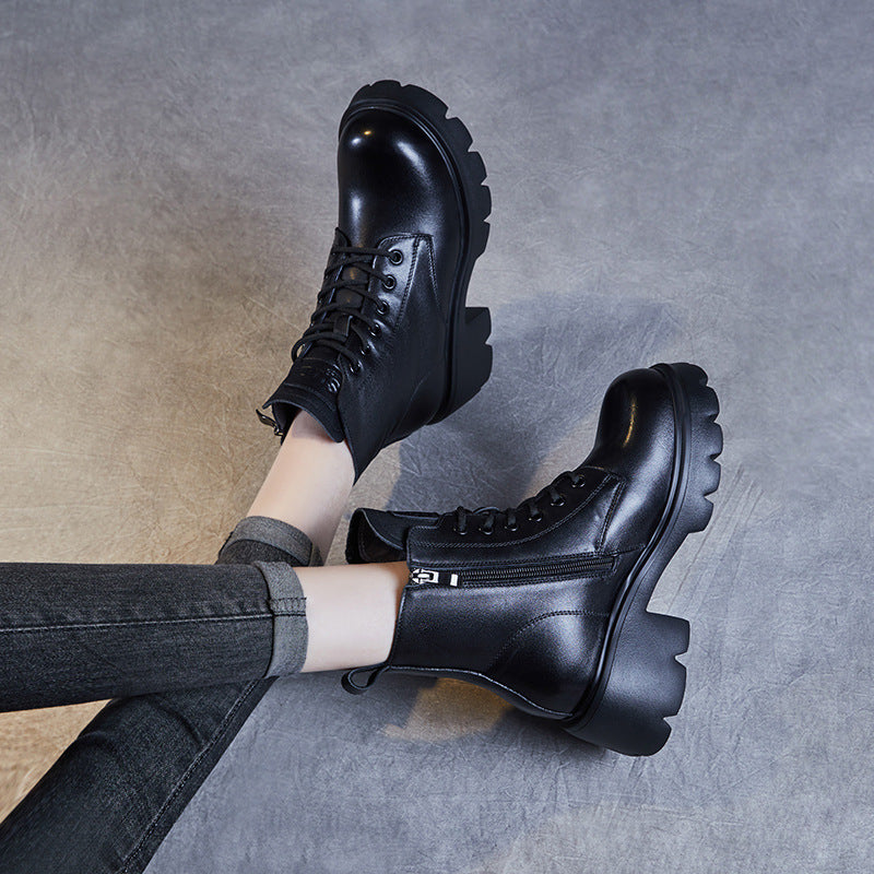 Women Minimalist Leather Furred Chunky Platform Boots-RAIIFY