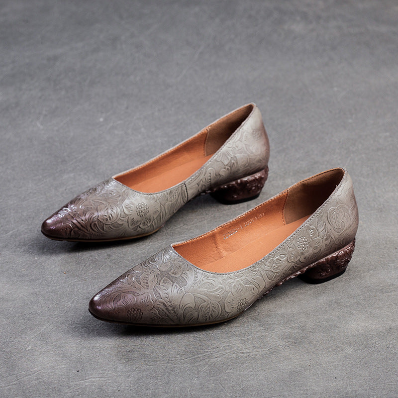 Women Retro Embossed Leather Chunky Heel Pumps Shoes-RAIIFY