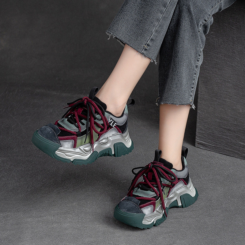 Women Retro Patchwork Leather Platform Dad Sneakers-RAIIFY