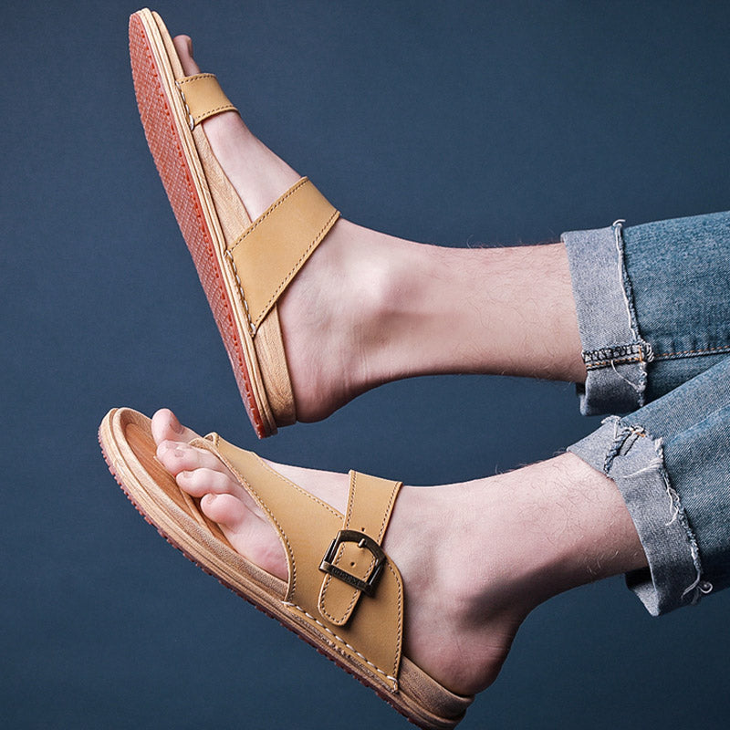 Men Summer Leather Beach Flip Flops Sandals Slides-RAIIFY