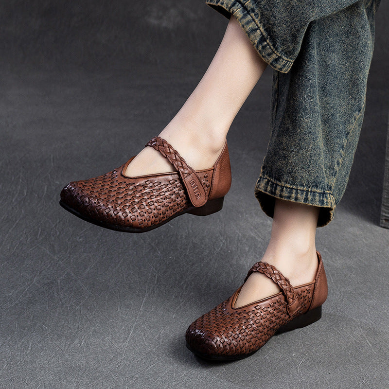Women Retro Plaited Leather Soft Velcro Flats-RAIIFY
