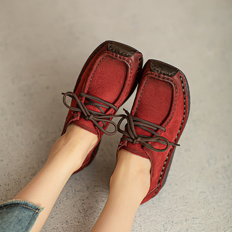 Women Retro Leather Square Head Low Wedge Shoes-RAIIFY