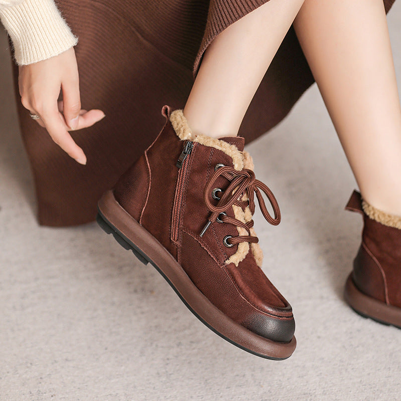 Women Retro Patchwork Leather Flat Winter Furred Boots-RAIIFY