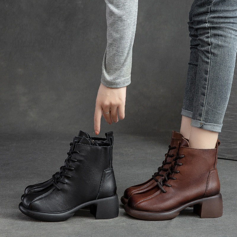 Women Retro Leather Chunky Heel Boots-RAIIFY