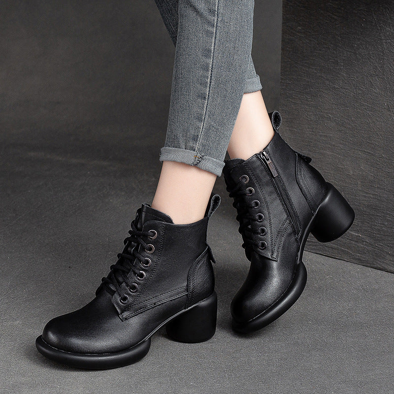 Women Minimalist Leather Casual Chunky Heel Boots-RAIIFY