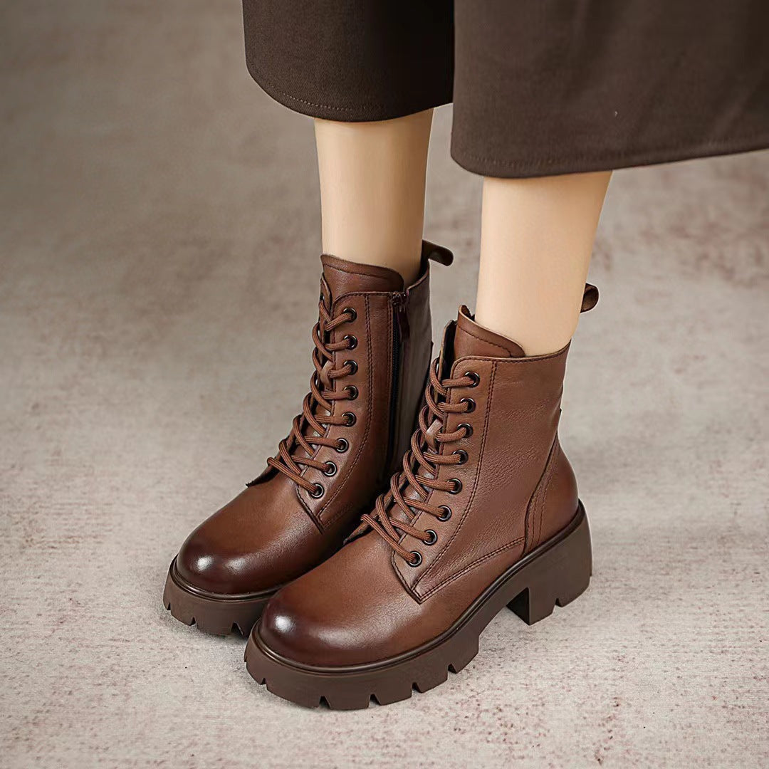 Women Classic Minimalist Leather Chunky Platform Combat Boots-RAIIFY