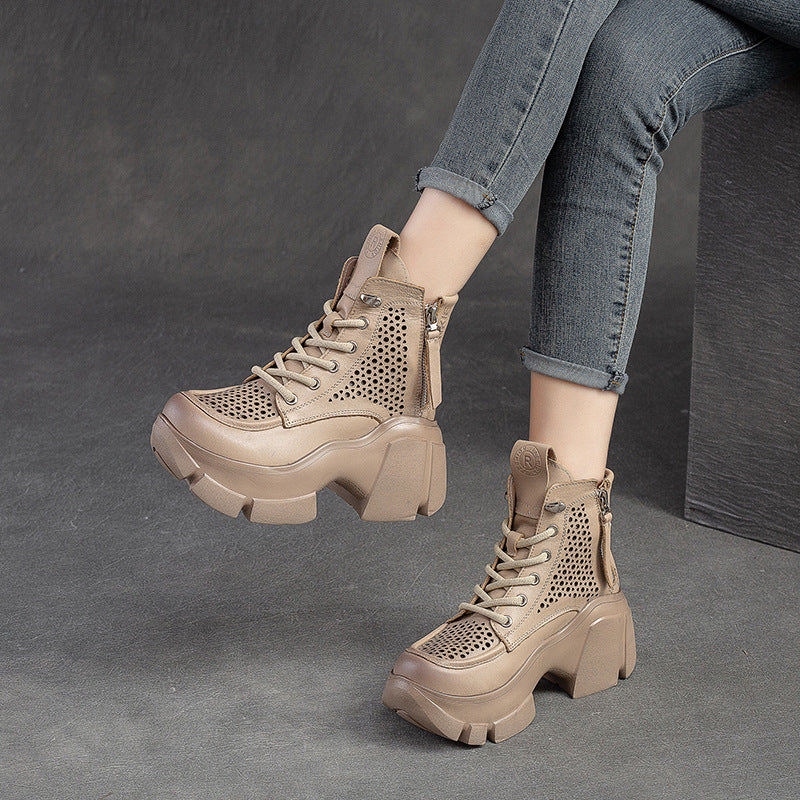 Women Summer Hollow Leather Chunky Platform Boots-RAIIFY
