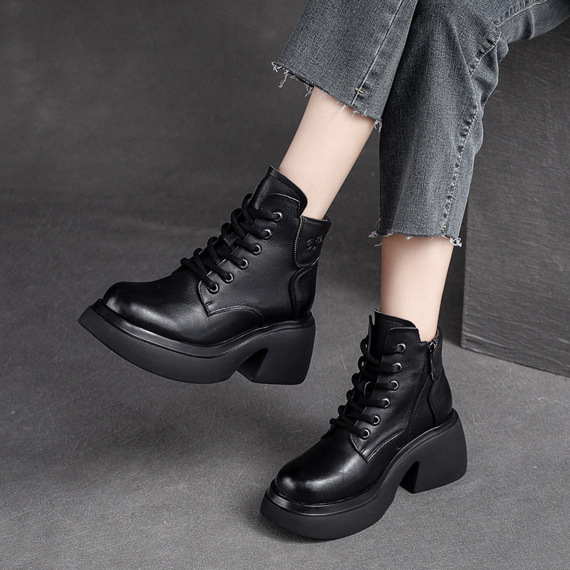 Women Retro Casual Leather Chunky Heel Boots-RAIIFY