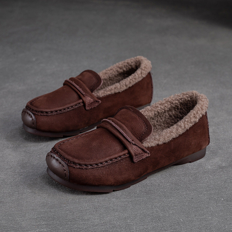 Women Retro Leather Flat Furred Winter Loafers-RAIIFY