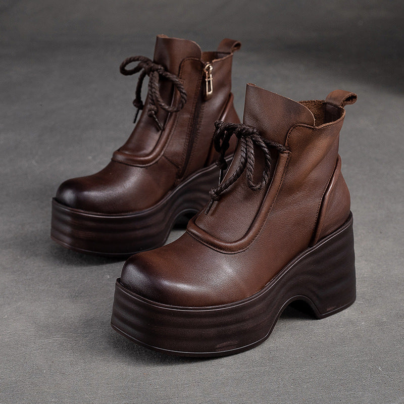 Women Autumn Retro Leather Chunky Platform Boots-RAIIFY