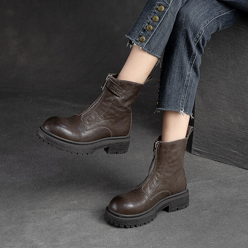 Women Retro Casual Font Zipper Leather Boots-RAIIFY