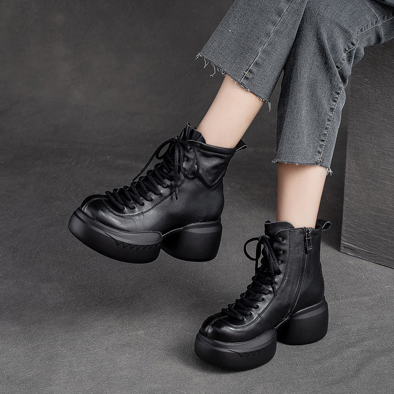 Women Retro Leather Casual Chunky Heel Boots-RAIIFY