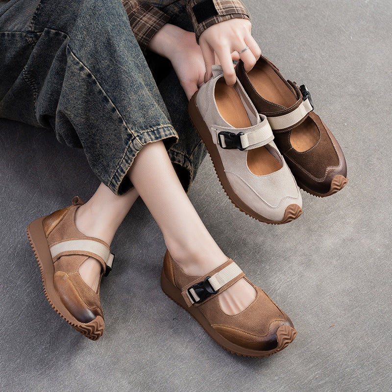 Women Retro Patchwork Leather Flat Casual Shoes-RAIIFY
