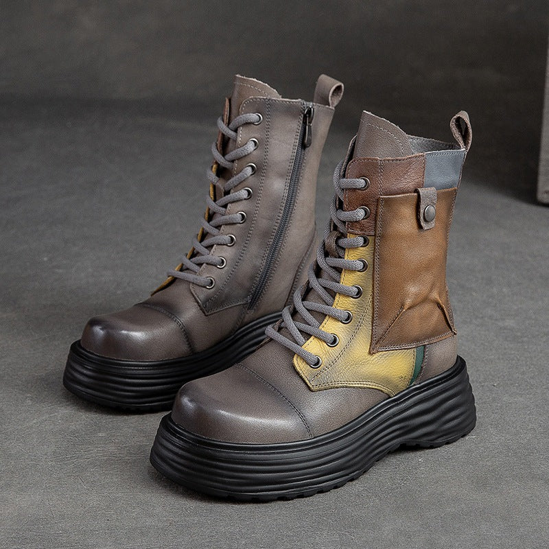 Women Retro Patchwork Leather Platform Combat Boots-RAIIFY