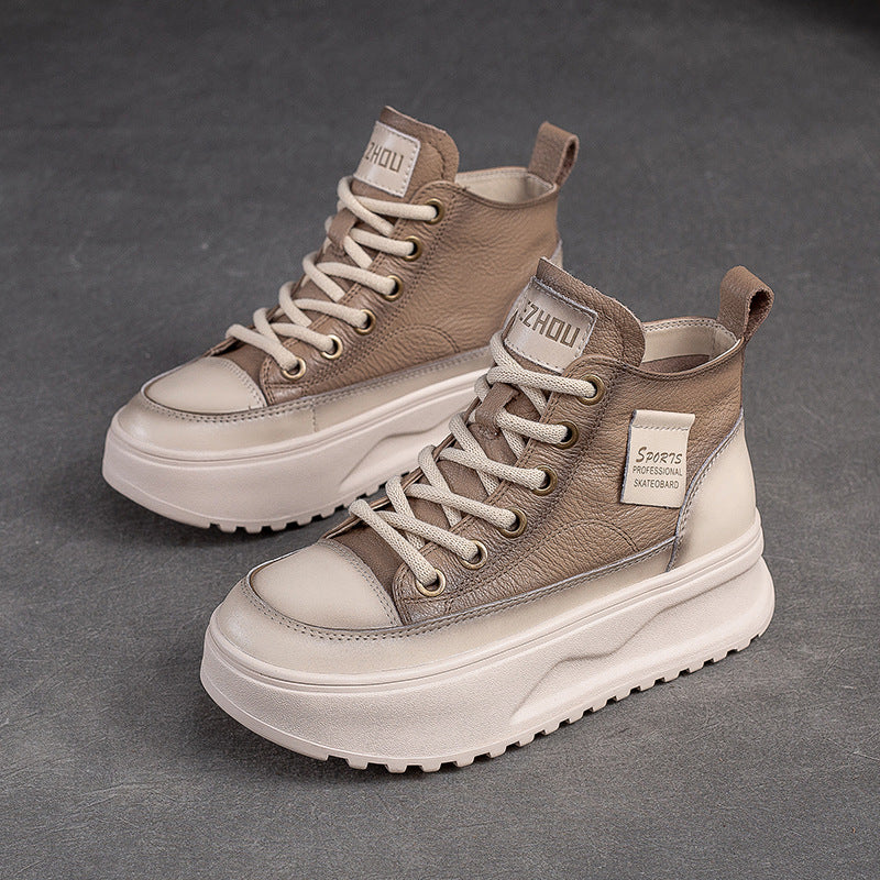 Women Fashion Leather Thick Soled High Top Skate Shoes-RAIIFY