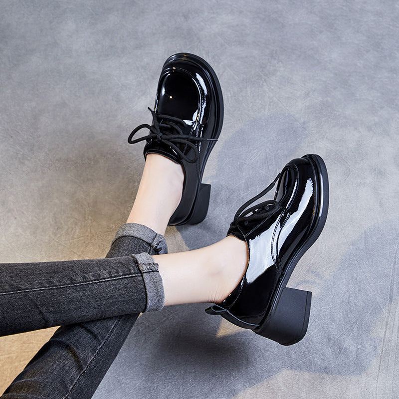 Women Minimalist Soft Glossy Leather Chunky Heel Shoes-RAIIFY