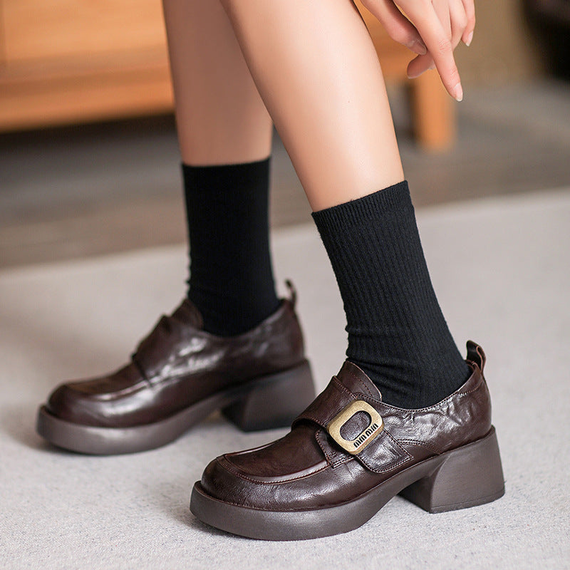 Women Retro Minimliast Leather Chunky Heel Loafers-RAIIFY