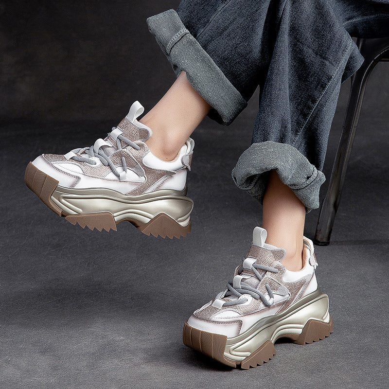 Women Patchwork Leather Chunky Platform Sneakers-RAIIFY