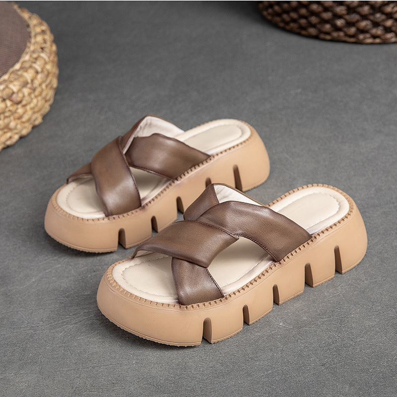 Women Retro Plaited Soft Leather Platform Slide Sandals-RAIIFY